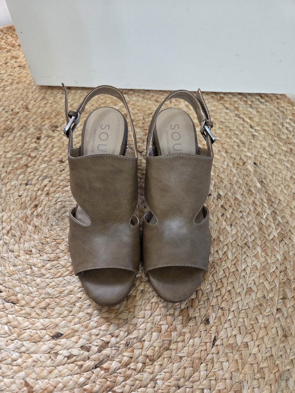 SOUL Naturalizer Taupe/Olive Open-Toe Slingback Mules